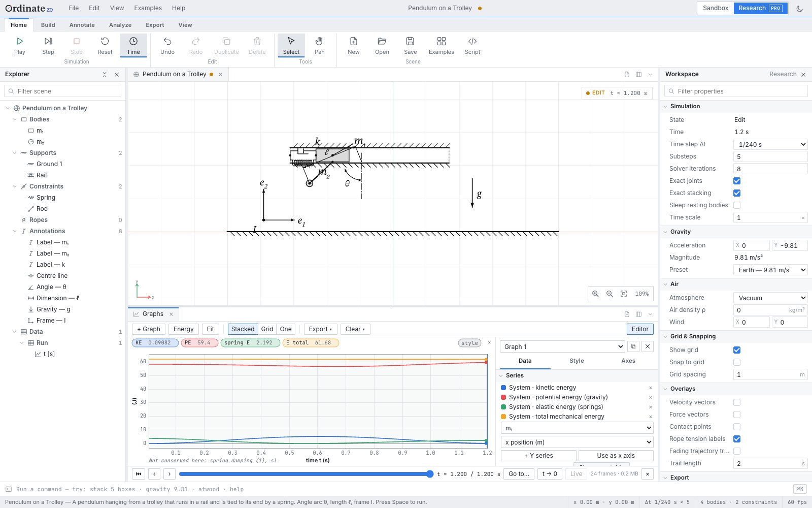 The Ordinate 2D studio: a pendulum hanging from a trolley drawn as a textbook figure, with the scene tree, an energy graph and the simulation settings around it.